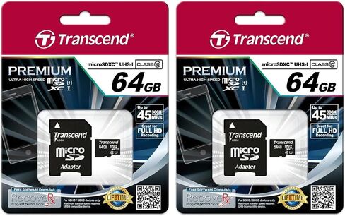 Transcend 64GB MicroSDXC Class10 UHS-1 Memory Card with Adapter 90 MB/s (TS64GUSDU1) (Pack of 2) in Saudi Arabia