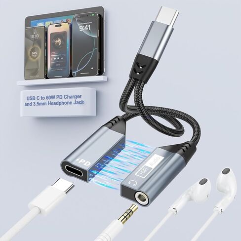 Magnetic USB C to 3.5mm Headphone and Charger Adapter,2 in 1 USB C to Aux Audio Jack with PD 60W Fast Charging for Stereo, Earphones,Type C Aux Cord Compatible with iPhone 16/15/ Galaxy S25/S24/S23 in Saudi Arabia