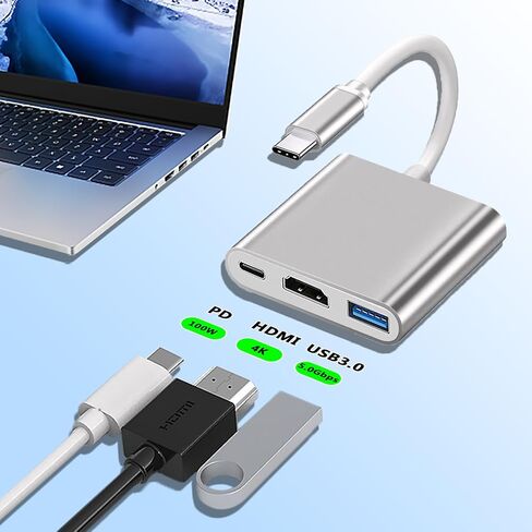 3 في 1 USB-C إلى HDMI Hubs 4K Ultra HD، نقل بيانات عالي السرعة 5.0 جيجابت في الثانية، شحن PD 100 وات | متوافق مع لوحات مفاتيح USB، والفئران، والتليفزيون، وجهاز العرض، والشاشة، والأقراص الصلبة، والكمبيوتر المحمول، والهاتف | فضي in Kuwait