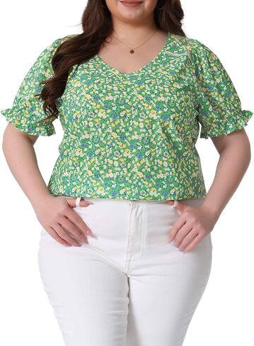 قمم Agnes Orinda Plus Floral Tops for Women's V Neck Shuffle Short Short in Kuwait