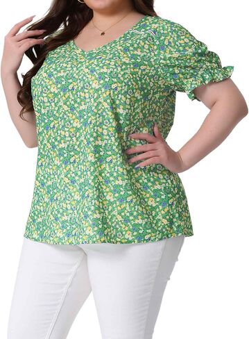قمم Agnes Orinda Plus Floral Tops for Women's V Neck Shuffle Short Short in Kuwait
