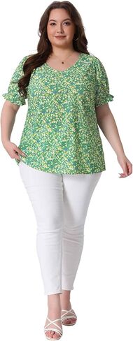 قمم Agnes Orinda Plus Floral Tops for Women's V Neck Shuffle Short Short in Kuwait