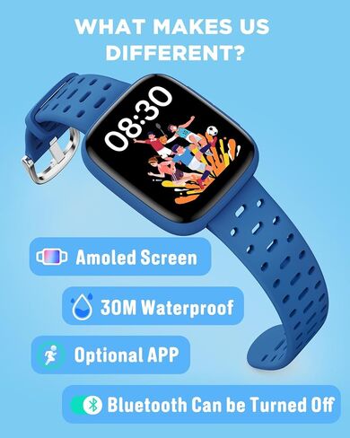 ساعة BIGGERFIVE للأطفال لا تحتاج إلى هاتف، 1.8 بوصة Amoled Smart Fitness Watch عداد الخطى، معدل ضربات القلب، متتبع النوم، مقاومة للماء 30 مترًا، عداد الخطوات، ألعاب ألغاز، أكثر من 100 قرص، هدايا للأولاد والبنات 5-16، أزرق in Kuwait