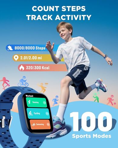 ساعة BIGGERFIVE للأطفال لا تحتاج إلى هاتف، 1.8 بوصة Amoled Smart Fitness Watch عداد الخطى، معدل ضربات القلب، متتبع النوم، مقاومة للماء 30 مترًا، عداد الخطوات، ألعاب ألغاز، أكثر من 100 قرص، هدايا للأولاد والبنات 5-16، أزرق in Kuwait