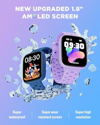 BIGGERFIVE Kids Watch No Phone Needed, 1.8" Amoled Smart Fitness Watch Pedometer, Heart Rate, Sleep Tracker, 30m Waterproof, Step Counter, Puzzle Games, 100+ Dials, Gifts for Boys Girls 5-16, Blue in Kuwait