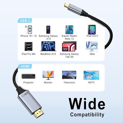 كابل وانمي USB C إلى HDMI 6.5 قدم | سلك USB من النوع C عالي السرعة 4K إلى HDMI [متوافق مع Thunderbolt 3/4/5] لهاتف iPhone 15/16 وMacBook وiMac وiPad Pro وGalaxy S25/24/23/S22 (60 هرتز) in Saudi Arabia