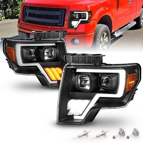 Amerilite استبدال المصابيح الأمامية LED Switchback LED ، الهالوجين ، جهاز عرض رباعي الأنبوب من 2009-2014 Ford F150 - جانب الركاب والسائق ، مجموعة ضوء السيارة ، أنبوب LED الأسود in Saudi Arabia