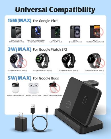 Wireless Charger for Google - Foldable 3 in 1 Wireless Charging Station Compatible with Google Pixel Watch 3/2, for Pixel 9 Pro XL/9/Fold/8/7/7A/6 Pro, Pixel Buds Pro/2 (Not for Pixel Watch 1) in Saudi Arabia