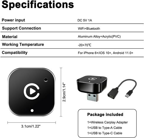 ZYAN Wireless CarPlay Adapter, Wired-to-Wireless CarPlay & Android Auto Converter, Mini USB Dongle with USB A & C Extension, Plug & Play, Fast Stable 5G Compatible with iPhone 6+ & Android 11+ in Saudi Arabia