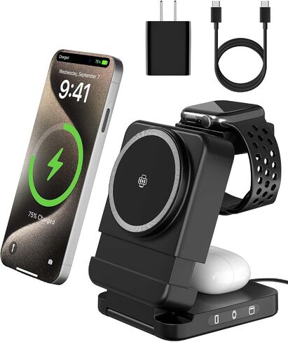 شاحن لاسلكي 3 في 1 قابل للطي لأجهزة Apple وSamsung، حامل شحن مغناطيسي سريع 15 وات لأجهزة iPhone 17-12 وApple Watch وAirPods وGalaxy Phone وBuds & Watch - محطة سفر محمولة الكل في واحد in Saudi Arabia