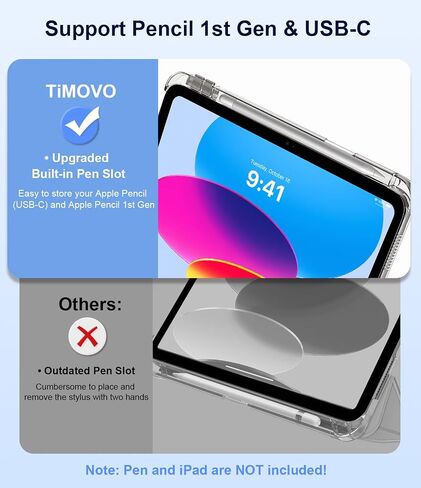 حافظة TiMOVO لجهاز iPad A16 الجيل الحادي عشر 2025 11 بوصة/iPad الجيل العاشر 2022 10.9 بوصة مع حامل أقلام، غطاء حامل نحيف مع ظهر شفاف، يدعم معرف اللمس، تنبيه/غفو تلقائي، أزرق هابي in Kuwait