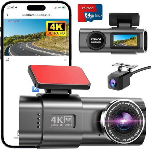 كاميرا داش كام أمامية 4K، كاميرا داش واي فاي مدمجة للسيارات، كاميرا داش كام صغيرة بشاشة IPS مقاس 1.47 بوصة مع تطبيق، زاوية واسعة 170 درجة، شاشة وقوف السيارات 24 ساعة، رؤية ليلية، WDR، مستشعر G، مع بطاقة SD 64 جيجا، تدعم 256 جيجابايت كحد أقصى in Kuwait