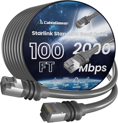 كابل CableGeeker بطول 75 قدم Starlink Gen 3، سلك إيثرنت بديل مقاوم للماء للأطباق وجهاز التوجيه القياسي من الجيل 3، تصنيف Cat6 خارجي مع موصلات مطلية بالذهب (23M، رمادي) in Kuwait