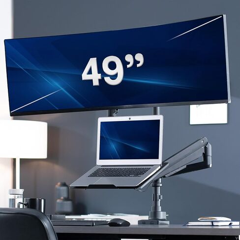 VIVO Pneumatic Arm Ultrawide Monitor Extra Tall Desk Mount for Up to 49 inch Screens and Laptop Tray for Up to 17 inch Notebooks, Holds Ultra-Wides Up to 44 lbs, Black, STAND-V120K-L in Saudi Arabia