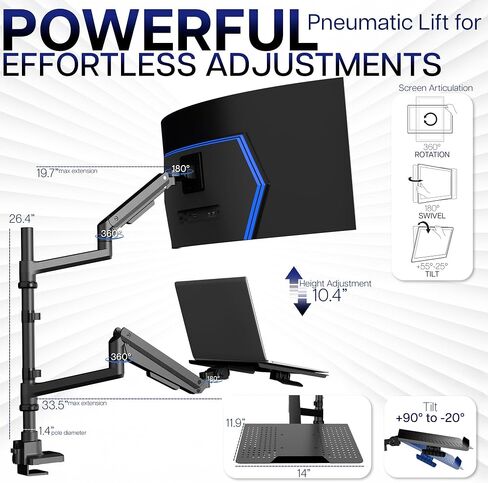 VIVO Pneumatic Arm Ultrawide Monitor Extra Tall Desk Mount for Up to 49 inch Screens and Laptop Tray for Up to 17 inch Notebooks, Holds Ultra-Wides Up to 44 lbs, Black, STAND-V120K-L in Saudi Arabia
