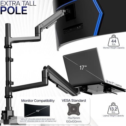 VIVO Pneumatic Arm Ultrawide Monitor Extra Tall Desk Mount for Up to 49 inch Screens and Laptop Tray for Up to 17 inch Notebooks, Holds Ultra-Wides Up to 44 lbs, Black, STAND-V120K-L in Saudi Arabia