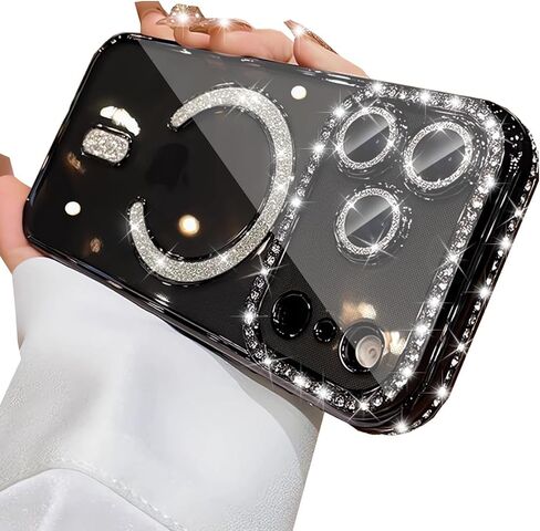 Magnetic Clear Glitter Case for iPhone 17 Pro Max,[Compatible with MagSafe] Cute Bling Sparkly Diamond Rhinestone with Camera Protector TPU Bumper Women Girl Case for iPhone 17 Pro Max,Silver in Saudi Arabia