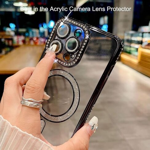 Magnetic Clear Glitter Case for iPhone 17 Pro Max,[Compatible with MagSafe] Cute Bling Sparkly Diamond Rhinestone with Camera Protector TPU Bumper Women Girl Case for iPhone 17 Pro Max,Silver in Saudi Arabia