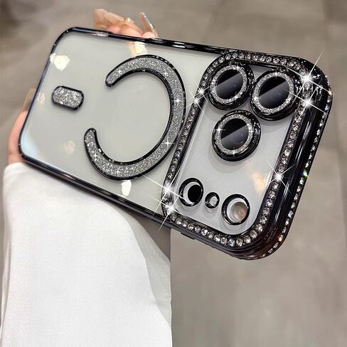 Magnetic Clear Glitter Case for iPhone 17 Pro Max,[Compatible with MagSafe] Cute Bling Sparkly Diamond Rhinestone with Camera Protector TPU Bumper Women Girl Case for iPhone 17 Pro Max,Silver in Saudi Arabia