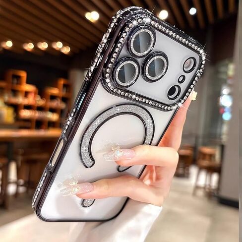 Magnetic Clear Glitter Case for iPhone 17 Pro Max,[Compatible with MagSafe] Cute Bling Sparkly Diamond Rhinestone with Camera Protector TPU Bumper Women Girl Case for iPhone 17 Pro Max,Silver in Saudi Arabia