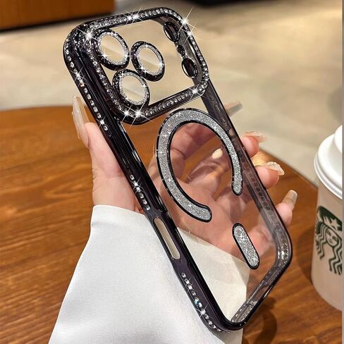 Magnetic Clear Glitter Case for iPhone 17 Pro Max,[Compatible with MagSafe] Cute Bling Sparkly Diamond Rhinestone with Camera Protector TPU Bumper Women Girl Case for iPhone 17 Pro Max,Silver in Saudi Arabia