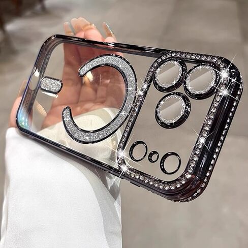 Magnetic Clear Glitter Case for iPhone 17 Pro Max,[Compatible with MagSafe] Cute Bling Sparkly Diamond Rhinestone with Camera Protector TPU Bumper Women Girl Case for iPhone 17 Pro Max,Silver in Saudi Arabia