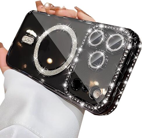 Magnetic Clear Glitter Case for iPhone 17 Pro Max,[Compatible with MagSafe] Cute Bling Sparkly Diamond Rhinestone with Camera Protector TPU Bumper Women Girl Case for iPhone 17 Pro Max,Silver in Saudi Arabia