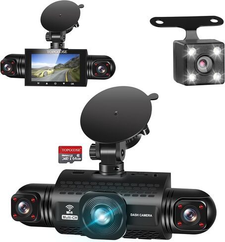 كاميرا داش كام ذات 4 قنوات عرض 360 درجة، TOPGOOSE 2K أمامي وخلفي من الداخل، كاميرا داش يمين يسار للسيارات، 8 مصابيح الأشعة تحت الحمراء للرؤية الليلية، 5G WiFi والتحكم في التطبيقات، مستشعر G، وضع انتظار السيارات، مع بطاقة SD مجانية سعة 64 جيجابايت in Kuwait