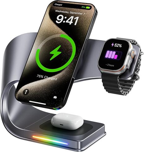 Wireless Charger, 3 in 1 Fast Charging Station for iPhone 15/14/13/12, Apple Watch, AirPods, 15W Magnetic Foldable Charging Dock, Portable Qi Wireless Charger Stand for Home, Office, Travel in Saudi Arabia