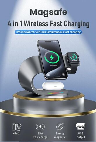Wireless Charger, 3 in 1 Fast Charging Station for iPhone 15/14/13/12, Apple Watch, AirPods, 15W Magnetic Foldable Charging Dock, Portable Qi Wireless Charger Stand for Home, Office, Travel in Saudi Arabia