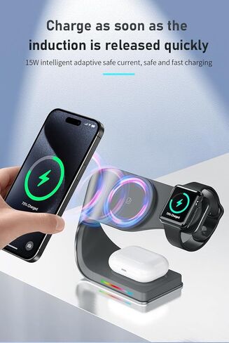 Wireless Charger, 3 in 1 Fast Charging Station for iPhone 15/14/13/12, Apple Watch, AirPods, 15W Magnetic Foldable Charging Dock, Portable Qi Wireless Charger Stand for Home, Office, Travel in Saudi Arabia