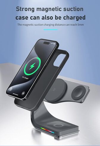 Wireless Charger, 3 in 1 Fast Charging Station for iPhone 15/14/13/12, Apple Watch, AirPods, 15W Magnetic Foldable Charging Dock, Portable Qi Wireless Charger Stand for Home, Office, Travel in Saudi Arabia
