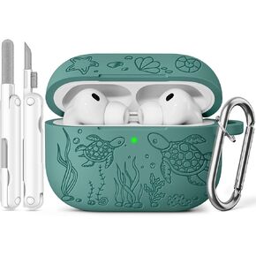 for AirPods Pro 3 Case 2025 with Cleaner Kit, Cute Turtle Engraved Soft Silicone Protective Case Cover Compatible with Apple AirPods Pro 3rd Generation for Women Men with Keychain, Pine Green in Kuwait
