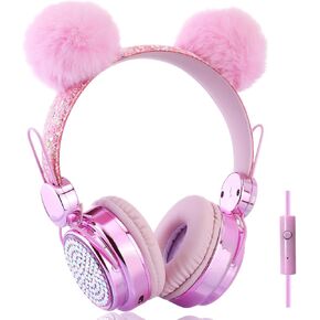 سماعات رأس للأطفال للبنات مع ميكروفون، قابس 3.5 ملم، سماعات رأس سلكية لطيفة على شكل الدب اللامع للهدايا، المدرسة (وردي) in Kuwait