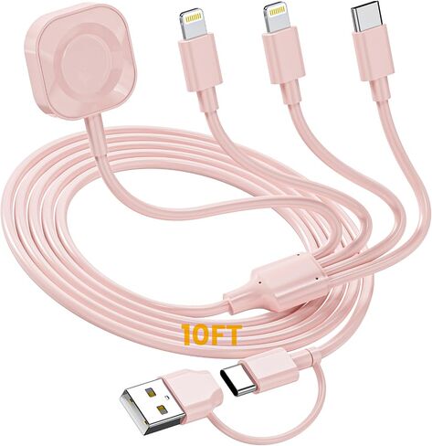 كابل شحن متعدد بطول 10أقدام لشاحن ساعة Apple، 4 في 1 USB-C/A إلى Lightning*2/Type-C/iWatch - شاحن عالمي لأجهزة متعددة (وردي) in Saudi Arabia