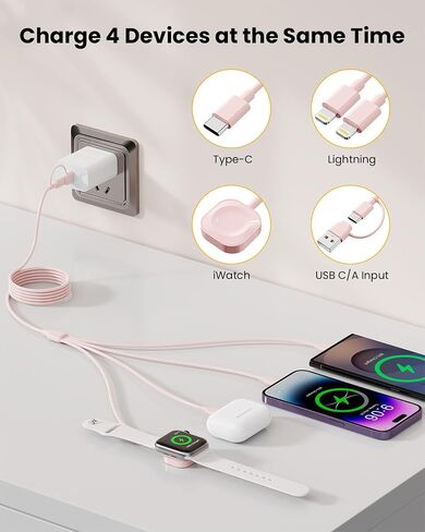 كابل شحن متعدد بطول 10أقدام لشاحن ساعة Apple، 4 في 1 USB-C/A إلى Lightning*2/Type-C/iWatch - شاحن عالمي لأجهزة متعددة (وردي) in Saudi Arabia