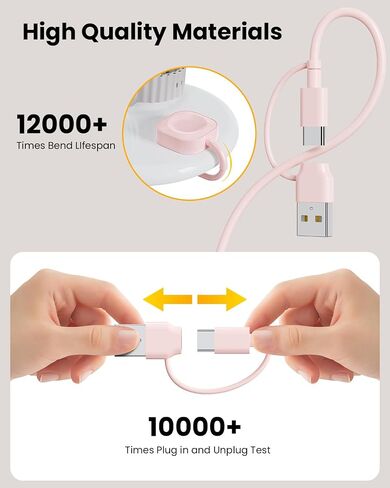 كابل شحن متعدد بطول 10أقدام لشاحن ساعة Apple، 4 في 1 USB-C/A إلى Lightning*2/Type-C/iWatch - شاحن عالمي لأجهزة متعددة (وردي) in Saudi Arabia