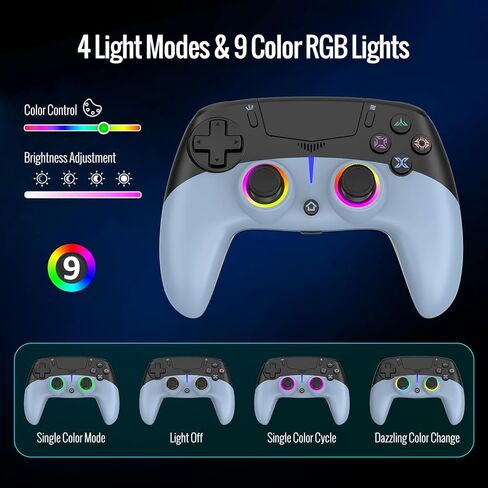 وحدة تحكم لاسلكية BETMI LED لجهاز PS-5/Pro/Slim/PC، مع عصا تحكم تأثير القاعة ومشغل/9 ألوان إضاءة RGB و4 أوضاع إضاءة/ماركو/جيرو 6 محاور/اهتزاز مزدوج/لوحة اللمس/مقبس صوت TRRS مقاس 3.5 مم (أسود/أزرق) in Kuwait