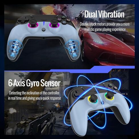 وحدة تحكم لاسلكية BETMI LED لجهاز PS-5/Pro/Slim/PC، مع عصا تحكم تأثير القاعة ومشغل/9 ألوان إضاءة RGB و4 أوضاع إضاءة/ماركو/جيرو 6 محاور/اهتزاز مزدوج/لوحة اللمس/مقبس صوت TRRS مقاس 3.5 مم (أسود/أزرق) in Kuwait