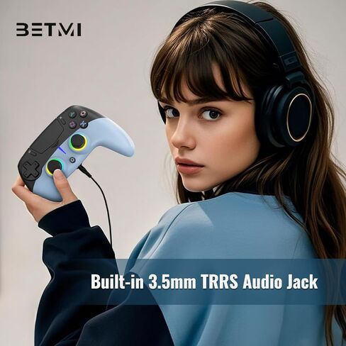 وحدة تحكم لاسلكية BETMI LED لجهاز PS-5/Pro/Slim/PC، مع عصا تحكم تأثير القاعة ومشغل/9 ألوان إضاءة RGB و4 أوضاع إضاءة/ماركو/جيرو 6 محاور/اهتزاز مزدوج/لوحة اللمس/مقبس صوت TRRS مقاس 3.5 مم (أسود/أزرق) in Kuwait