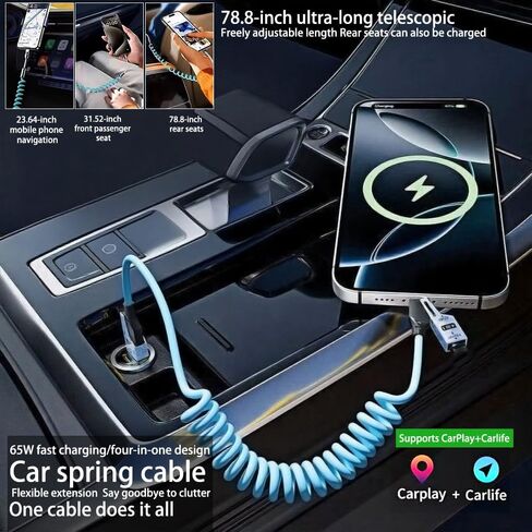 حزمة واحدة من كابل شحن زنبركي قابل للسحب لملحقات الهاتف المحمول iPhone وType C، 1 ملحق لاسلكي لشاحن الهاتف المحمول، أزرق in Saudi Arabia