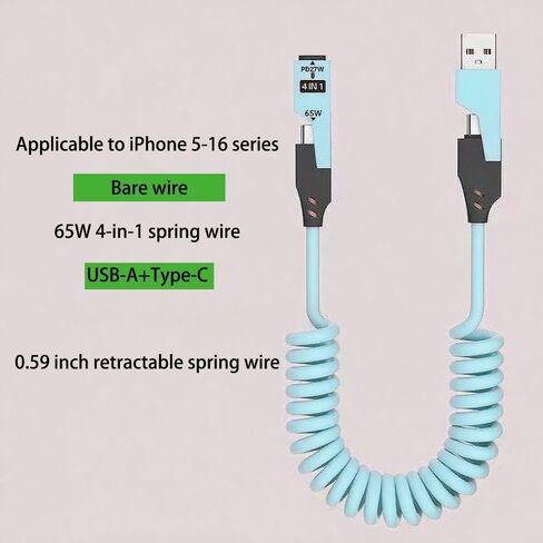 حزمة واحدة من كابل شحن زنبركي قابل للسحب لملحقات الهاتف المحمول iPhone وType C، 1 ملحق لاسلكي لشاحن الهاتف المحمول، أزرق in Saudi Arabia