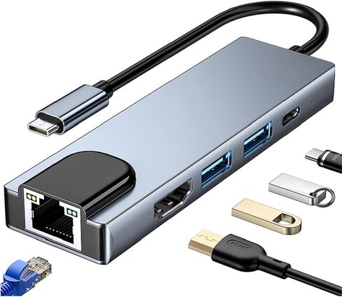USB C Hub Ethernet HDMI Adapter,5 in 1 Docking Station with 4K HDMI, RJ45 Ethernet, USB 3.0/2.0, PD 100W, USB C Comaptible for MacBook Pro/Air, iPad Pro, XPS, etc in Saudi Arabia