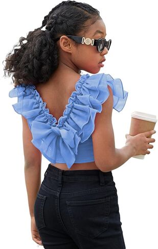 WDIRARA Girl's Ruffle Trim Bow Back Tiered Layer Square Neck Wide Strap Slim Fit Crop Cami Top in Saudi Arabia