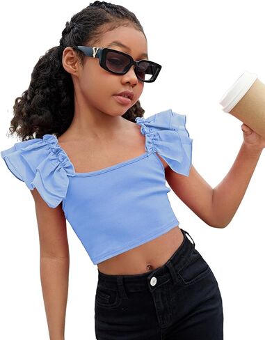 WDIRARA Girl's Ruffle Trim Bow Back Tiered Layer Square Neck Wide Strap Slim Fit Crop Cami Top in Saudi Arabia