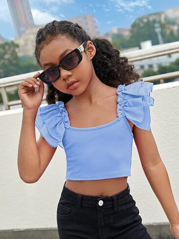WDIRARA Girl's Ruffle Trim Bow Back Tiered Layer Square Neck Wide Strap Slim Fit Crop Cami Top in Saudi Arabia