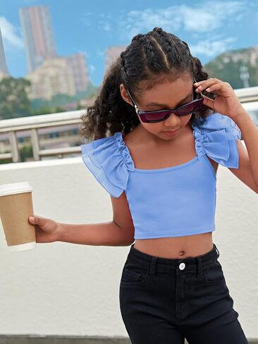 WDIRARA Girl's Ruffle Trim Bow Back Tiered Layer Square Neck Wide Strap Slim Fit Crop Cami Top in Saudi Arabia