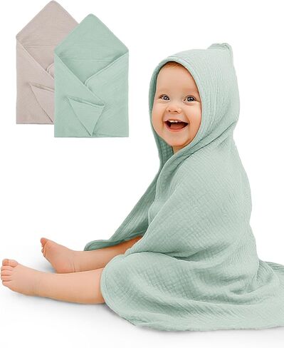 Hooded Baby Towels 2 Pack, Muslin Baby Bath Towels with Hood for Newborn Infant and Toddler, Soft Breathable & Absorbent, 32" x 32" (Teddy & Friends, Heavyweight) in Saudi Arabia