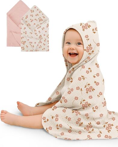 Hooded Baby Towels 2 Pack, Muslin Baby Bath Towels with Hood for Newborn Infant and Toddler, Soft Breathable & Absorbent, 32" x 32" (Teddy & Friends, Heavyweight) in Saudi Arabia