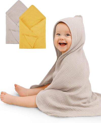 Hooded Baby Towels 2 Pack, Muslin Baby Bath Towels with Hood for Newborn Infant and Toddler, Soft Breathable & Absorbent, 32" x 32" (Teddy & Friends, Heavyweight) in Saudi Arabia